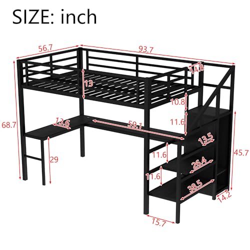 Bellemave Full Size Metal Loft Bed with L Shaped Desk and Wardrobe, Heavy Duty Loft Bed Frame with Storage Stairs, LED Loft Bed Frame with Charging Station & Safety Guardrails, Black - color: Black, size: Full