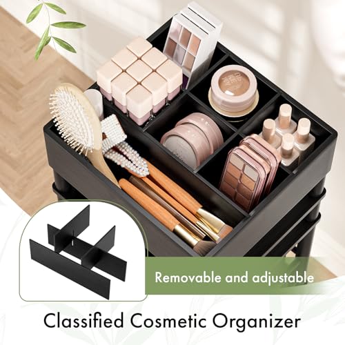 Amazer Bamboo Makeup Organizer Cart with 3 Drawers, Floor Skin Care Storage for Bathroom Bedroom, Rolling Vanity Organizer Cart for Cosmetic, Nail Polish, Perfume and Hair Tools, Black - color: Black