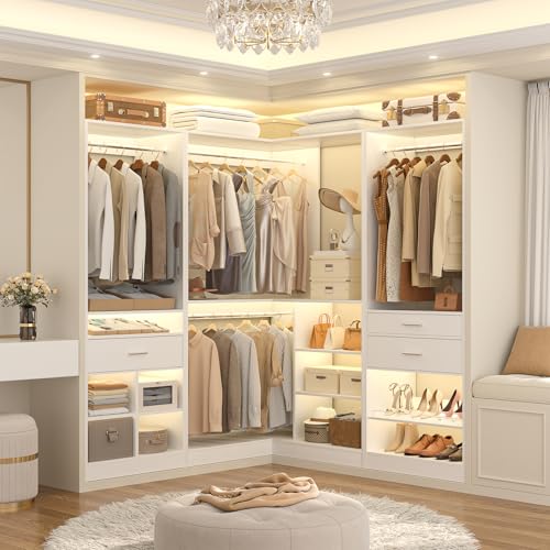 Unikito 86" Corner Closet System, Modular Closets Organizer with 4 Hanging Rods and Storage Shelves, Freestanding Adjustable Wood Clothes Garment Rack with Drawers, Sturdy Walk in Closet Tower, White - color: White, size: 86 Inch