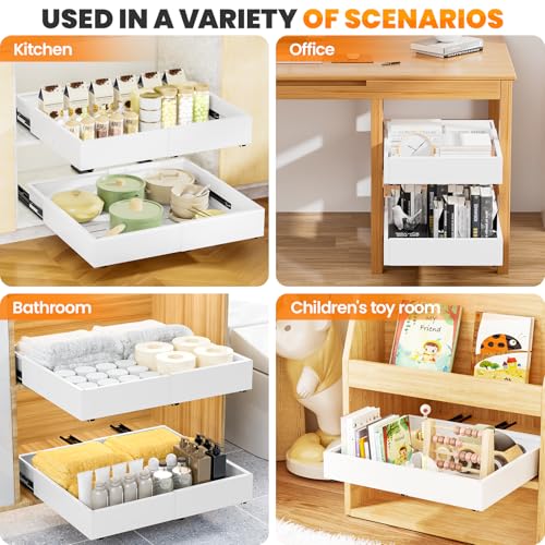 Dayacoco Pull Out Cabinet Organizer, Expandable Width (11.4"-19.4") and Depth (16.7"-21") With 3 Rails, Heavy Duty Slide out Drawers for Kitchen Base Cabinet Organization, No Drill, White