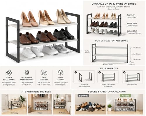 2-Tier Shoe Rack for Closet & Entryway, Stackable Shoe Organizer, Screw-Fastened Metal Frame for Less Wobble, Heel-Friendly Non-Woven Shelves, 11.8" Deep Space-Saving Shoe Storage (Black) - size: 2-Tier