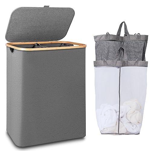 iEGrow 150L Laundry Hamper with Lid-Large Laundry Basket with Bamboo Handles, Grey Hampers for Laundry, Dirty Clothes Hamper with 2 Removable Inner Bags for Clothes Toys Towels - color: Grey, size: 150L