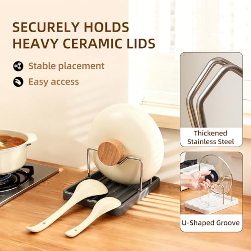 2 in 1 Pot Lid Holder & Spoon Rest for Kitchen Counter, Plastic Utensil Rest with Stainless Steel Pan Lid Holder Organizer While Cooking, Countertop Space Saving Pot Cover Rack | Easy to Clean - color: White- 1 Pack