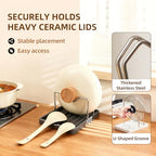 2 in 1 Pot Lid Holder & Spoon Rest for Kitchen Counter, Plastic Utensil Rest with Stainless Steel Pan Lid Holder Organizer While Cooking, Countertop Space Saving Pot Cover Rack | Easy to Clean - color: White- 1 Pack