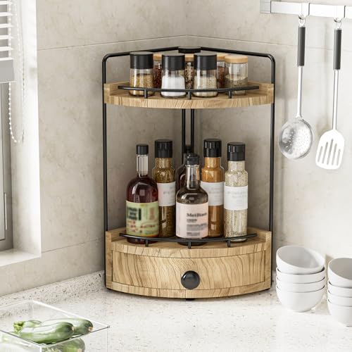 2-Tier Corner Bathroom Counter Organizer with Drawer & Embedded Screw Holes - Wooden Countertop Organizers for Skincare, Makeup Storage, Bathroom Sink Counter Shelf for Vanity, Kitchen, Wood color - color: Wood color