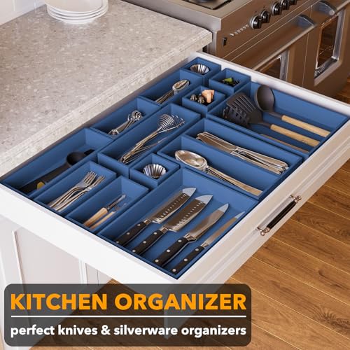 SpaceAid 14-Piece Bamboo Drawer Organizer Storage Boxes Set, Wood Tray Junk Drawer Organizers Multi-Use Divider Bins for Kitchen, Bathroom, Office Desk and Makeup Organization (14 Pack, Navy Blue) - color: Navy Blue