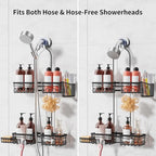 Shower Caddy Hanging with Door Hook - Split Design for Handheld Showerheads, Rustproof Over The Showerheads Bathroom Organizer with Hooks Soap and Toothbrush Holder, Bathroom Accessories Black