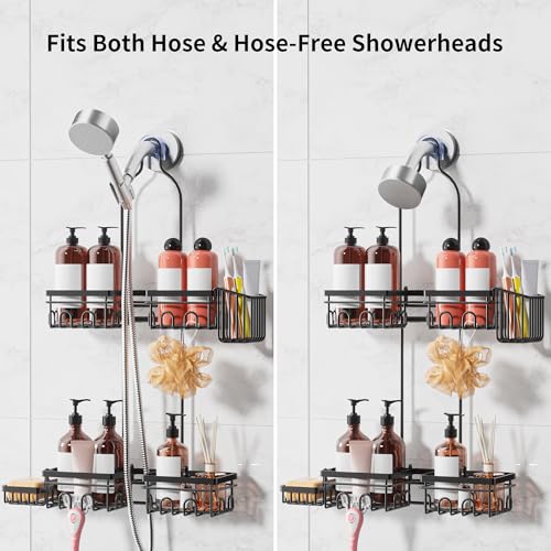 Shower Caddy Hanging with Door Hook - Split Design for Handheld Showerheads, Rustproof Over The Showerheads Bathroom Organizer with Hooks Soap and Toothbrush Holder, Bathroom Accessories Black