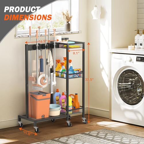 Broom Holder with Cleaning Supplies Organizer, Broom Closet Storage Cabinet with Cleaning Caddy, Cleaning Cart with Mop Hanger Gripper Rack Hooks,Janitorial Cart,Utility Carts Household Essentials - size: Medium