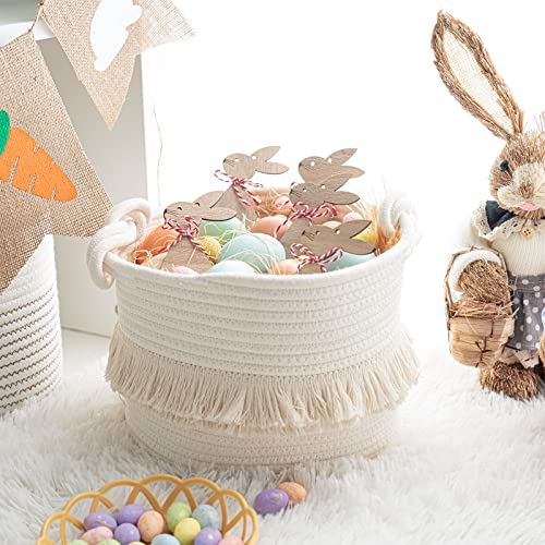 CherryNow Small Woven Storage Baskets, 9.5'' x 7'' inches Cotton Rope Decorative Hamper for Diaper, Blankets, Magazine and Keys, Cute Tassel Nursery Decor - Home Storage Container, Off-white - color: Off-white, size: 10L (9.5"W x 7"H)