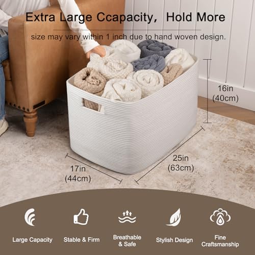 OIAHOMY 118L XXXLarge Cotton Rope Storage Basket, Oversized Blanket Basket, Used for Organizing Dirty Clothes in Living Room, Bedroom, Nursery, Dog Toy Storage Bins, 25" x 17" x 16",White - color: White