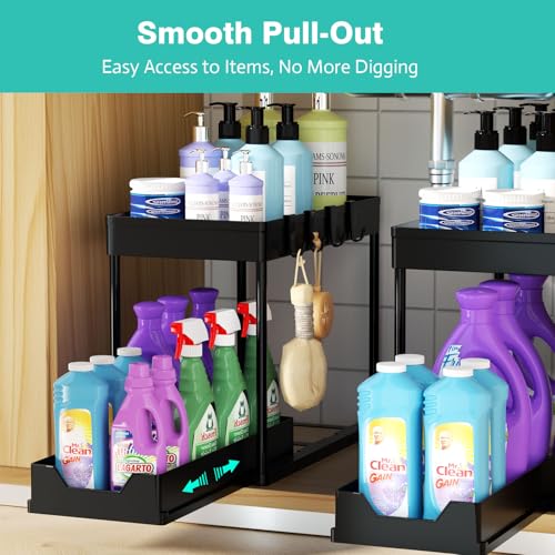 Under Sink Organizers 2 Pack, Pull-Out Sliding Cabinet Organizer with 2-Tier Storage Shelf & 4 Hooks, Multi-Purpose for Kitchen & Bathroom (13 Inch, Black) - color: Black