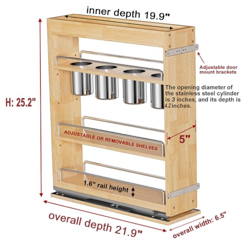 OCG 5" Pull-Out Solid Wood Storage Organizer for Base Cabinets, Soft Close 3 Tier Narrow Pull-out Wooden Storage Rack for Spices, Utensils, and Kitchen Tools - size: 5" W x 22" D Wood (3 tier)
