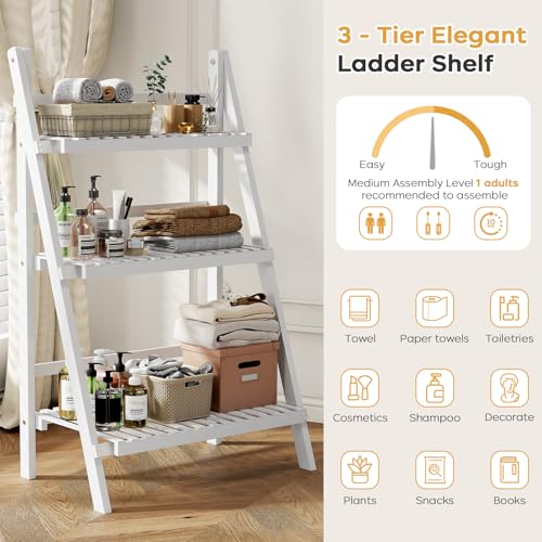 oakvivo Bamboo Bookshelf 3-Tier Ladder Shelf, 39.4” Freestanding Open Bookcase Book Shelf Bathroom Storage Shelf Unit Plant Stand for Small Space, Living Room, Bedroom, Home Office, White - color: 3-tier White