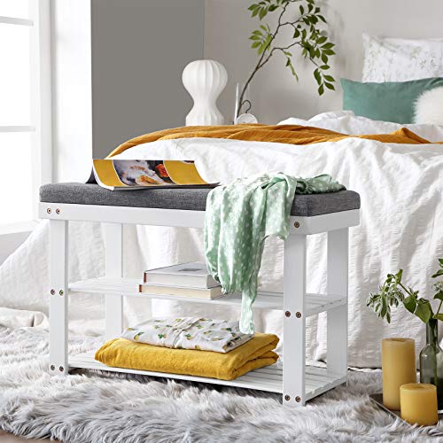 SONGMICS Bamboo Shoe Bench, 3-Tier Shoe Rack Organizer for Entryway, Living Room, Bench Seat Holds Up to 300 lb, 11.9 x 28.3 x 19.2 Inches, Cloud White and Slate Gray ULBS604W01 - color: Cloud White + Slate Gray, size: 28.3"W