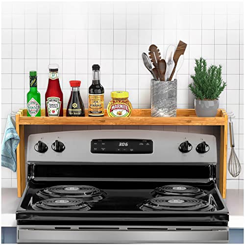 IIIOIIIA Bamboo Over the Stove Spice Shelf for Kitchen, 31.5" Spice Rack Organizer Shelf with 6 hooks, 11.4" Height Extra Storage Countertop, Easy to Assemble - color: Bamboo