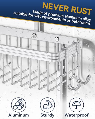 YASONIC Shower Caddy Hanging, Never Rust Shower Organizer Hanging, Aluminum Shower Racks for Inside Shower with Hooks for Razor, Bathroom Organizers and Storage with Soap Holder, Bright Silver - color: Bright Silver