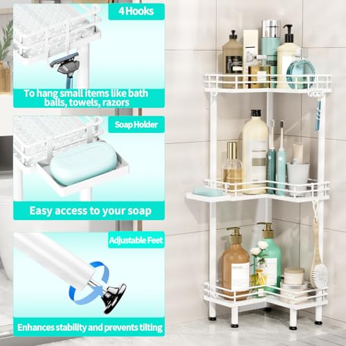 HapiRm Corner Shower Caddy Standing - 3 Tier Shower Organizer Corner with Soap Holder, Rustproof Bathroom Standing Organizer with 4 Hooks, White - color: White, size: 3-tier