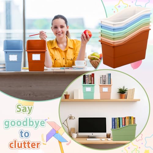 12 Pack Large Book Bins, Durable Magazine Organizer File Holder High-Quality Plastic Book Storage Bins with Labels for Classroom Library, Office, Desktop Organization, Bookshelf Categorization (Boho) - color: Boho
