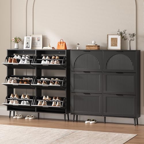 BORNOON Shoe Cabinet for Entryway with 6 Flip Drawers, Slim Wooden Shoe Storage Organizer with Modern Fluted Pannel，Freestanding Narrow Hidden Shoe Rack for Hallway, Foyer, Living Room - color: Black, size: 6 Flip Drawers