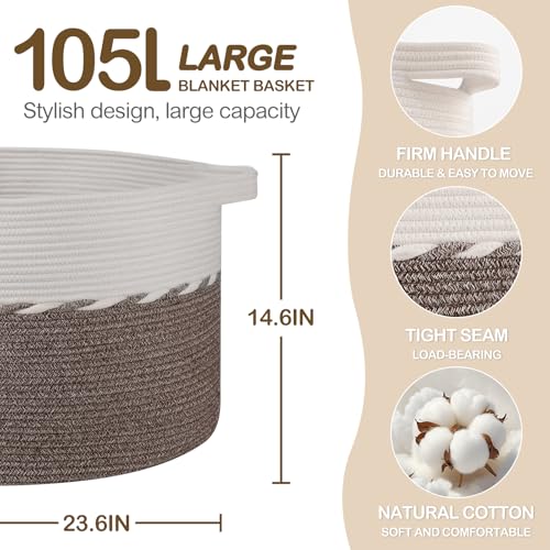 OIAHOMY 105L Blanket Basket for Living Room, Large Basket 23.6" x 23.6" x 14.6" with Handle, Laundry Hamper for Blankets, Pillows, Toy Storage for Kids, Dogs - Brown & White - color: Brown & White, size: 23.6" x 23.6" x 14.6"