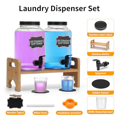 2-Pack Laundry Detergent Dispenser with Bamboo Stand，1 Gallon Laundry Soap Dispenser with Measuring Cup，Glass Laundry Detergent Containr for Laundry Room Organization and Storage