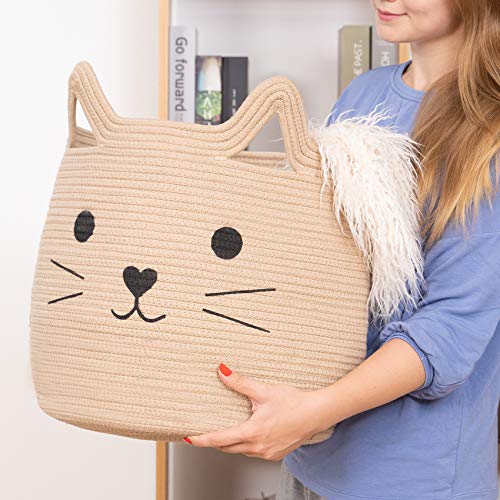 VK VK·LIVING Animal Baskets Large Woven Cotton Rope Storage with Cute Cat Design Laundry Organizer for Towels, Blanket, Toys, Clothes, Gifts – Cat Toy Box Pet or Baby Gift Baskets 15"Lx14H" - color: Jute, style: Jute Cat