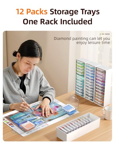 Redtwo 3-in-1 Diamond Painting Storage Containers Trays-12pcs, Unique Two Layers Diamond Art Accessories Trays with Lids, Beads & Drills Storage & Line-Up, with 64 Labels and 1 Rack - style: 12-PCS