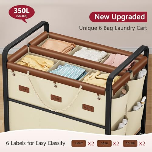 Tajsoon 350L Extra Large Laundry Hamper 6 Section, Heavy Duty Laundry Cart with Wheels, Commercial Laundry Sorter with Sturdy Metal Frame, Removable Bags & Leather Patchwork, Beige - color: Beige, size: 6 Bag 350L