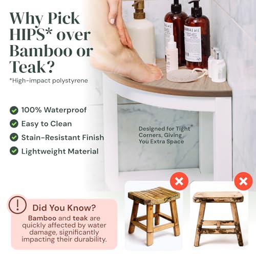 ROHKEX Waterproof Corner Shower Stool - Pack of 1, White & Brown - Stable Shaving Stool for Legs - Easy Assembly Plastic Shower Bench Seat - Non-Slip Feet, Gifts Idea for Home, Corner Bench Seat - color: White & Brown