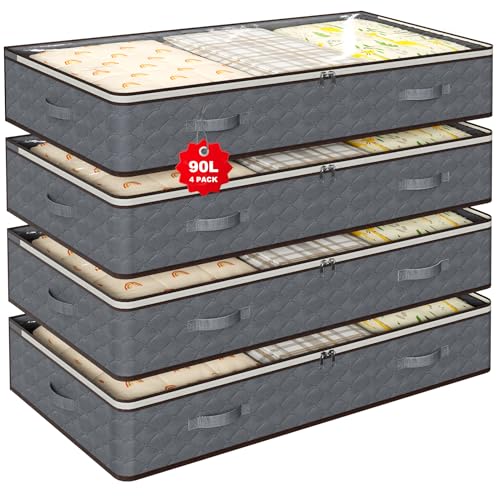 90L Under Bed Storage Containers,4-Pack Closet Organizers and Storage Bins,for Organization and Storage Clothes, Shoes, Blankets & Pillows,Visible Transparent Top Storage Bins with Lids, Grey - color: Grey, size: 4 Pack