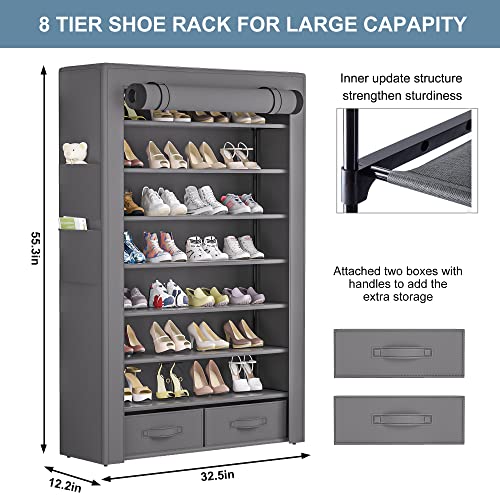 OYREL Shoe Rack Storage Cabinet 32 Pairs Organizer Shelf Tall for Shoes Large Free Standing Racks Vertical Shoe Holder Stand with Cover Two Boxes Closet - size: 8Tier with 2bins Grey