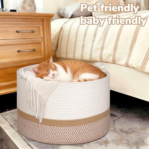 CherryNow 22"x22"x14" Large Blanket Basket, Home Décor for Living Room Bedroom, Cotton Rope Laundry Basket for Clothes Pillows, Baby Fall Decorations for Home Toy Storage, White & Camel - color: White & Mix Camel, size: 83L (22"W x 14"H)
