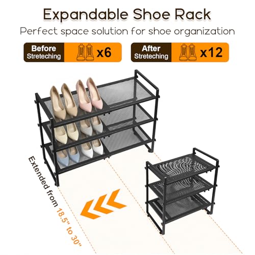 Expandable Shoe Rack for Closet - Shoe Organizer for Entryway, Adjustable Metal Shoe Storage, Stackable Long Shoe Stand Holder for Garage, Hallway, Door Entrance (Black, 3 Tier) - color: Black, size: 3 Tier