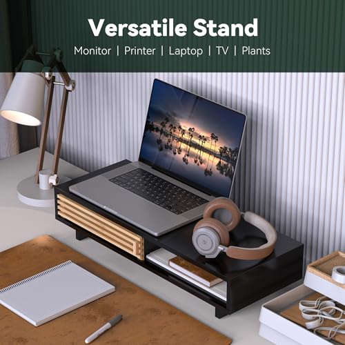 Monitor Stand with Sliding Bamboo Doors, 25 Inch Heavy Duty Wood Computer Monitor Riser, Ergonomic Desk Organizer with Storage & Keyboard Tray, Natural & Black - color: Black + Natural Bamboo, size: 25 Inch