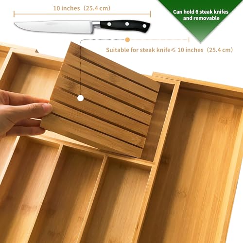 VaeFae Bamboo Silverware Drawer Organizer Kitchen, Expandable Utensil Organizer with Knife Block, Cutlery Tray with Divider, Multifunctional Drawer Organizer - color: Natural, size: Large - Expandable with Block