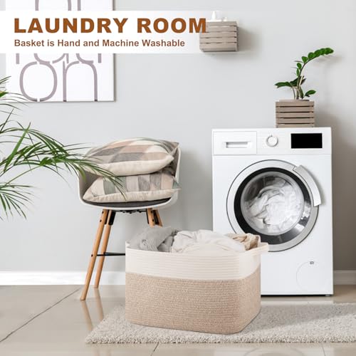 OIASKET Blanket Basket for Living Room, Cotton Rope Basket for Storage, Toy Baskets Bin for kids, Woven Baskets with Handles for Clothes, Towels, Pillows, 20" x 16" x 12", Brown and White - color: Brown & White, size: 19.7"x15.8"x11.8"