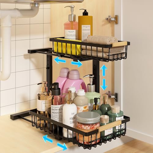 REALINN Under Sink Organizer, Height Adjustable Under Sink Organizers and Storage, 2 Tier Pull Out Drawer Cabinet Storage for Kitchen Bathroom, 1 Pack - color: Black, size: 1 Pack