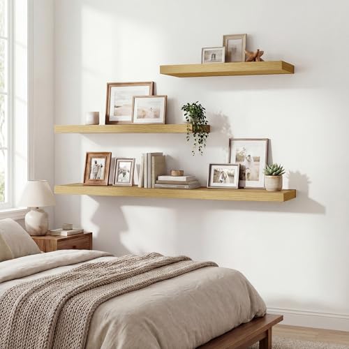 Acovy Floating Shelves for Wall,48 Inch Wall Mounted Rustic Wood Shelves,9.3" Deep Wall Shelf with Invisible Brackets,Large Deep Floating Shelf for Bathroom,Bedroom,Living Room,Book/Storage/Decor,Oak - color: Oak, size: 48 Inch,Set of 2