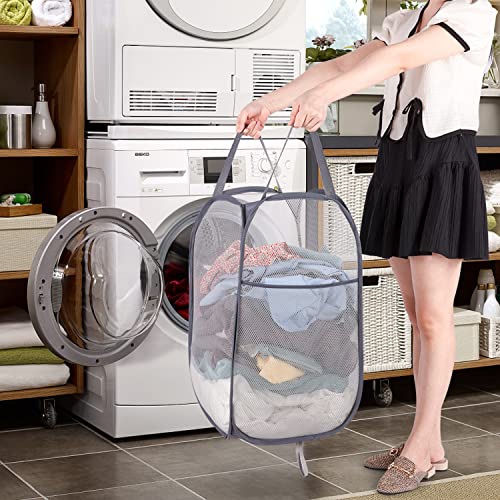 BATTOO 3 Pack Collapsible Laundry Basket Strong Mesh Pop Up Laundry Hamper for Laundry Foldable Hampers with Side Pocket Reinforced Handles for Bathroom, Kids Room, College Dorm or Travel Grey - color: Grey, size: 3 pack