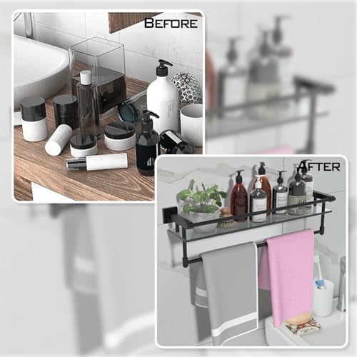 Glass Shelves for Bathroom with Towel Bar/Rack 24" Tempered Glass Shelves with Stainless Steel Towel Holder for Wall Shelf Sink Over Toilet (Matte Black) - color: Matte Black, size: 24-inch with Railing