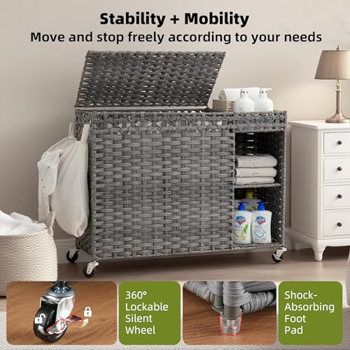 Laundry Hamper with Lid, 160L Rattan Wicker Laundry Basket with Wheels, Handwoven Laundry Hamper 3-Section with Storage shelf(42.3 Gal), Laundry Sorter Basket with Removable Liner, GreyHLH033G - color: Grey, size: 33.5”L x 13”W x26.4”H