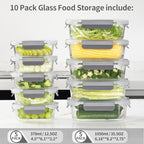 AILTEC 10 Pack Glass Meal Prep Containers, Glass Food Storage Containers with Lids Airtight, Storage Container Set with Lid for Food, Bpa-free, Leak-proof, Microwave Oven Freezer Dishwasher Safe - color: light gray