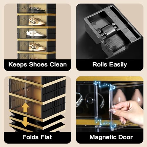 SYNCVIBE Portable Shoe Rack Organizer 9 Tiers 18 Pairs Collapsible Shoe Cabinet Foldable Shoe Storage Boxes Magnetic Doors, Folding Sneaker Organizer, Easy Assembly Shoe Shelf for Closet, Black Gold - color: Black and Golden, size: 9 Tier 18 Pairs