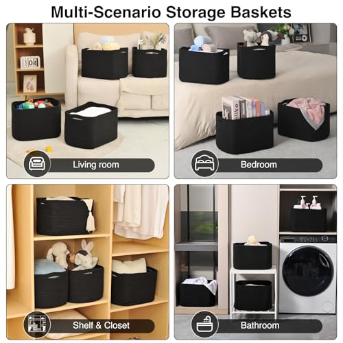 ICERZCZ Storage Baskets for Organizing & Shelves, Woven Cotton Rope Organization Bins for Dog Toys, Clothes, Books, Nursery Organizer, 15" Lx11''Wx9.5''H, (4 Packs) Black - color: Black, size: 15"(L)×11"(W)×9.5"(H)