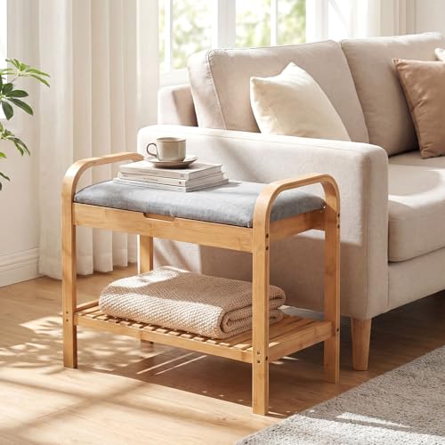 Giantex Small Entryway Bench with Storage, 2-Tier Bamboo Shoe Rack Bench with Flip Top Storage Space and Padded Cushion, Shoe Organizer for Entryway, Living Room, Hallway, Bedroom,Natural - size: 13"D x 24"W x 22"H（With Flip-Top Storage）