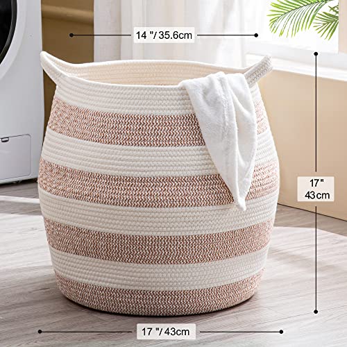 KAKAMAY Woven Baskets for Storage(17"x17"),Large Cotton Rope Woven Baby Laundry Hamper,Collapsible Laundry Basket, Blanket Basket for Organizing Living Room,Nursery,Pillows,Toy Chest(Rose) - color: Rose