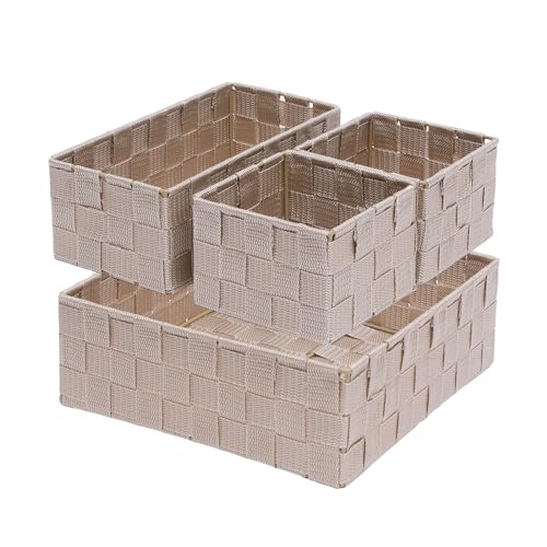 Storage Bins Woven Organizer Set of 4 – Polypropylene Storage Baskets with Metal Frame, Stackable Fabric Boxes for Drawers, Closet, Shelf, Nursery and Office, Beige - color: Beige, size: 4PCS-without lid