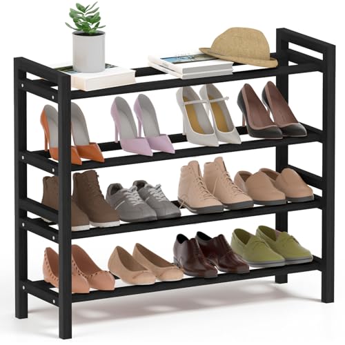 Haddockway Bamboo Shoe Rack for Closet, Free Standing Shoe Organizer with Smooth Round Rods & Convenient Handles, Stackable Shoe Storage Shelf for Entryway, Hallway(Black, 4-Tier) - color: Black, size: 4-Tier_Standard