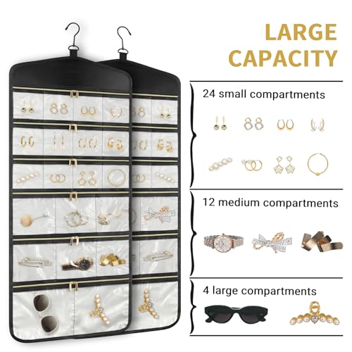 CHICECO Hanging Jewelry Organizer With Zippered Pockets,40 Pockets Travel Jewelry Organizer Storage for Cloest,Wall,Door - color: 1Beige